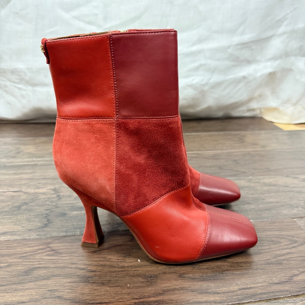 Sam Edelman Olina Patchwork Leather Suede Ankle Boots Red Flair Heel Square Toe - Picture 2 of 8